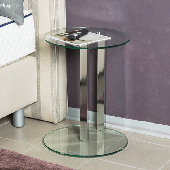 Forney round clear glass side table with chrome metal stand