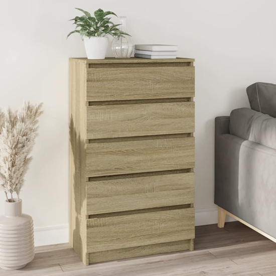 Product photograph of Fowey Wooden Chest Of 5 Drawers In Sonoma Oak from Furniture in Fashion
