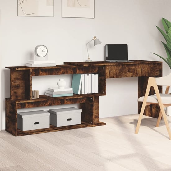Product photograph of Fowey Wooden Laptop Desk Corner In Smoked Oak from Furniture in Fashion