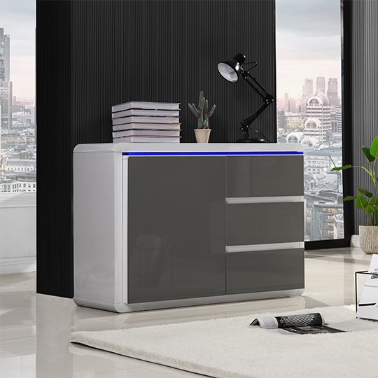 Frame Small High Gloss Sideboard In White And Grey With LED