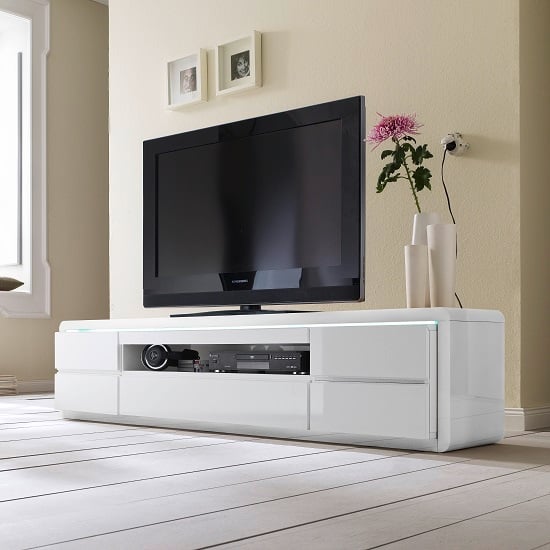 Frame Lcd Tv Stand In White High Gloss With 5 Drawers And Led