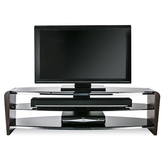 Product photograph of Francian Black Glass Tv Stand With Walnut Wooden Frame from Furniture in Fashion