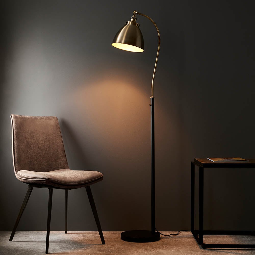 Read more about Franklin rolled shade floor lamp in antique brass and black