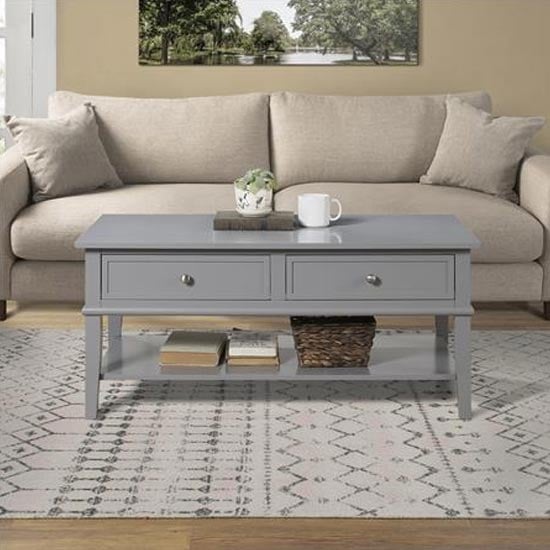 Read more about Franklyn wooden coffee table with 2 drawers in grey