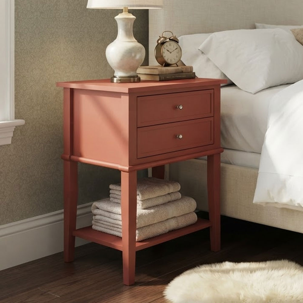 Franklyn Wooden Bedside Cabinet with 2 Drawers in Terracotta Red