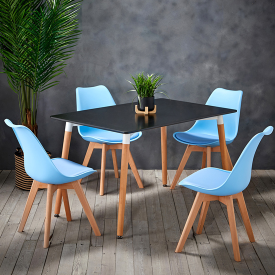 Ferring Dining Table In Black With 4 Louvre Baby Blue Chairs