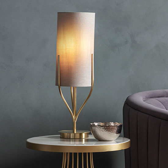 Photo of Fraser natural fabric shade table lamp in satin brass