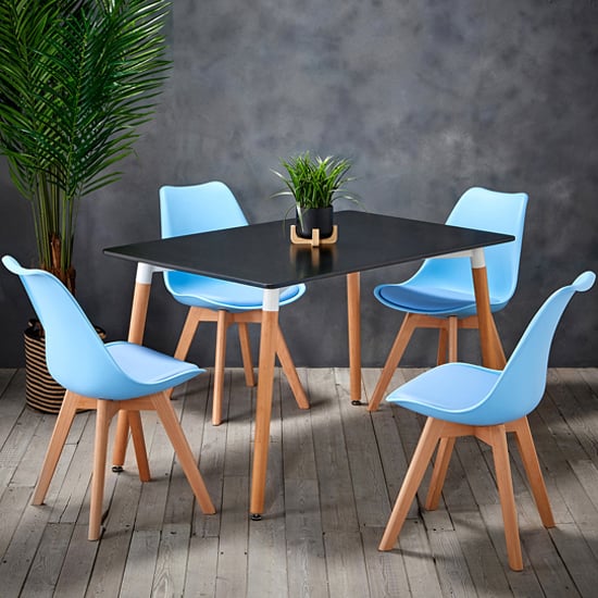 Read more about Frazer wooden dining table in black with 4 livre blue chairs