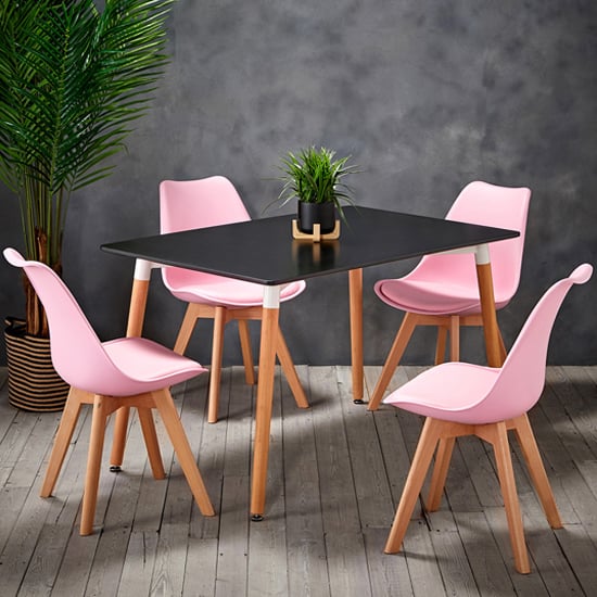 Read more about Frazer wooden dining table in black with 4 livre pink chairs