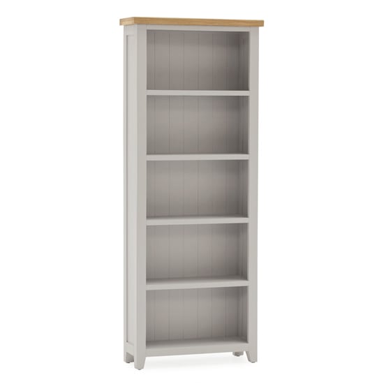 Product photograph of Freda Tall Wooden Bookcase With 4 Shelves In Grey And Oak from Furniture in Fashion