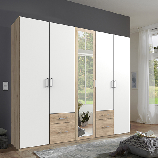Freiburg Mirrored Wooden Wardrobe In Hickory Oak And White