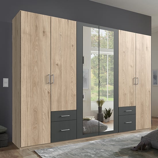 Read more about Freiburg wardrobe in hickory oak and graphite with 2 mirrors