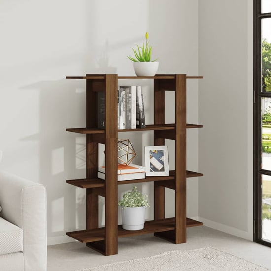 Photo of Frej wooden bookshelf and room divider in brown oak