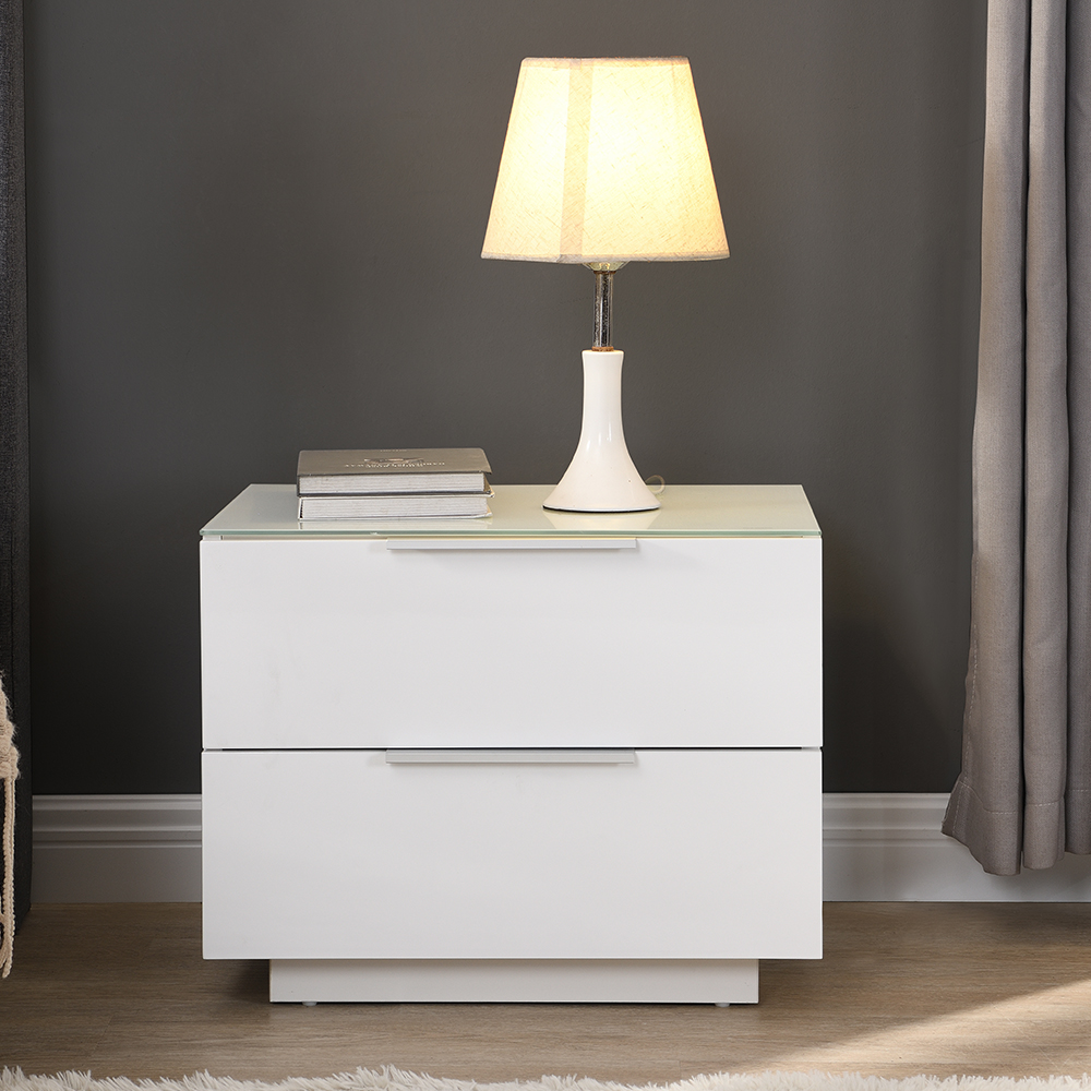 Fresh Bedside Cabinet In White Glass Top And High Gloss