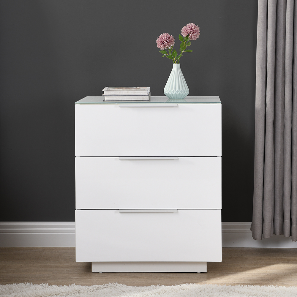 Fresh Tall Bedside Cabinet In White Glass Top And High Gloss