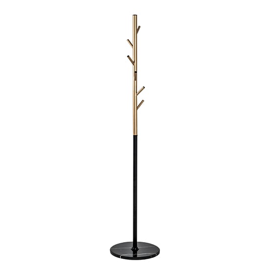 Product photograph of Fresno Metal Hall Tree Coat Rack In Gold With Black Marble Base from Furniture in Fashion