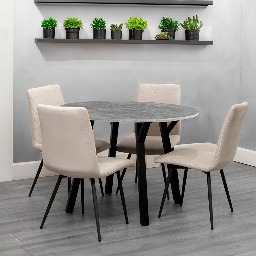 Frisco Concrete Effect Dining Table Round With 4 Taupe Chairs Furniture in Fashion
