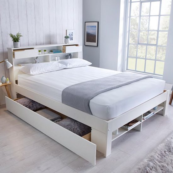 Product photograph of Frisco Wooden Double Bed With Shelves In White from Furniture in Fashion