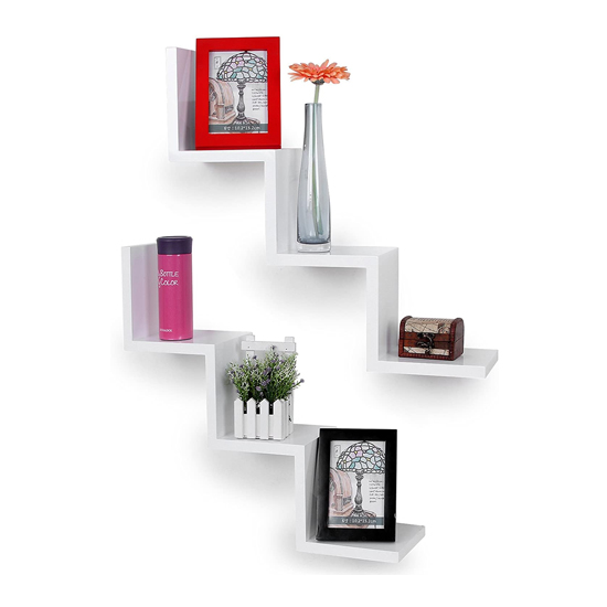 Frisco High Gloss Zig Zag Floating Display Wall Shelf In White | Sale
