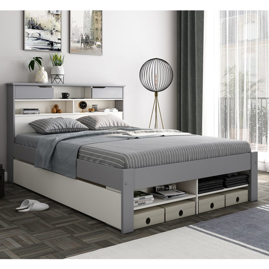 Read more about Frisco wooden king size bed with shelves in grey and white