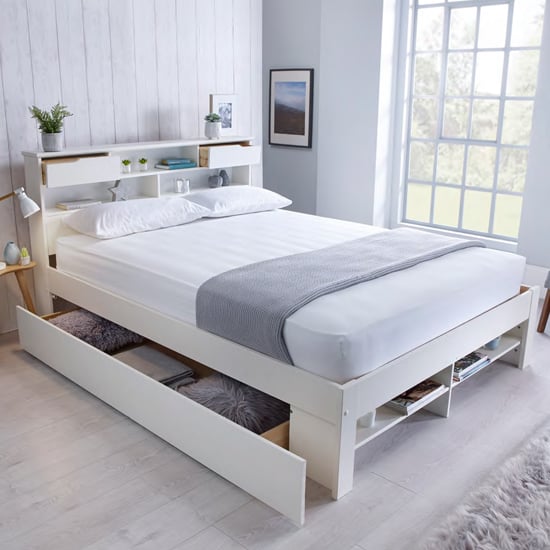Product photograph of Frisco Wooden King Size Bed With Shelves In White from Furniture in Fashion