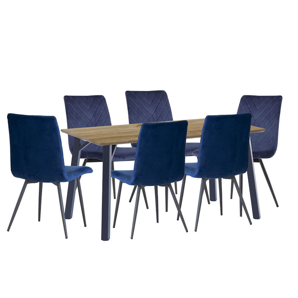 Frisco Oak Effect Dining Table Large With 6 Blue Chairs Furniture in