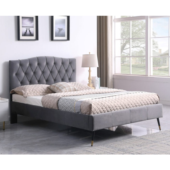 Frisco Velvet Fabric Double Bed In Grey thumbnail