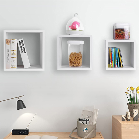 Frisco Wooden Wall Mounted 3 Cube Shelves In White FiF