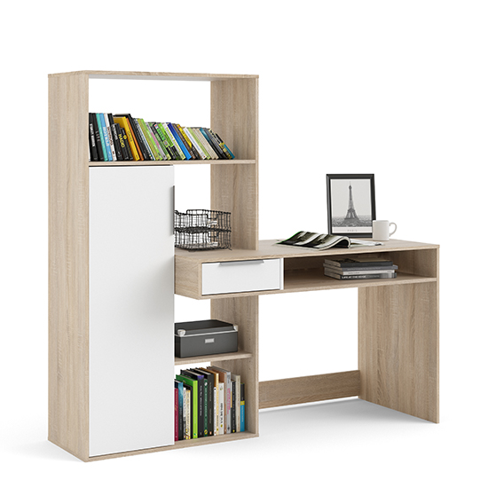 Frosk Wooden Laptop Desk With 1 Door 5 Shelves In White And Oak