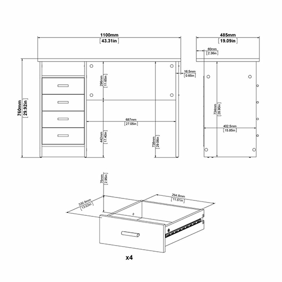 Frosk Wooden Laptop Desk With 4 Drawers In White