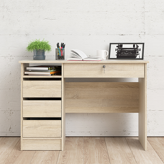 Photo of Frosk wooden computer desk with 4 handle free drawers in oak