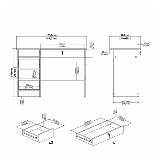 Frosk Wooden Laptop Desk With 4 Handle Free Drawers In White