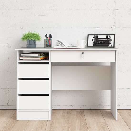 Read more about Frosk wooden computer desk with 4 handle free drawers in white