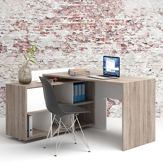 Frosk Computer Desk With 6 Shelf In White And Truffle Oak