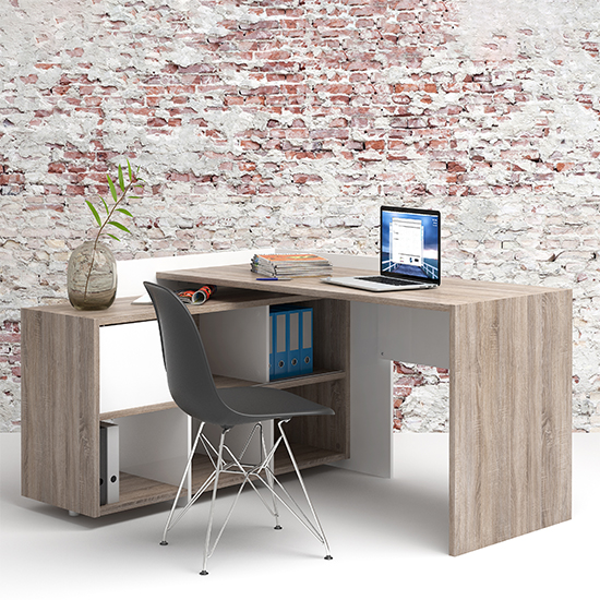 Photo of Frosk computer desk with 6 shelf in white and truffle oak