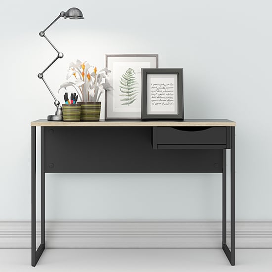 Photo of Frosk wooden computer desk in black with oak trim