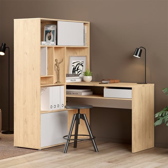 Read more about Frosk computer desk corner with bookcase in jackson hickory oak