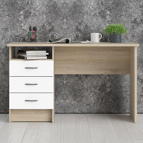 Photo of Frosk wooden computer desk in oak with 3 white drawers