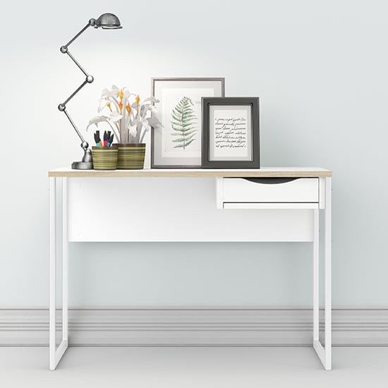 Photo of Frosk wooden computer desk in white with oak trim