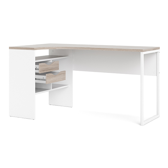 Frosk Corner Computer Desk 2 Drawers In White And Truffle Oak_3