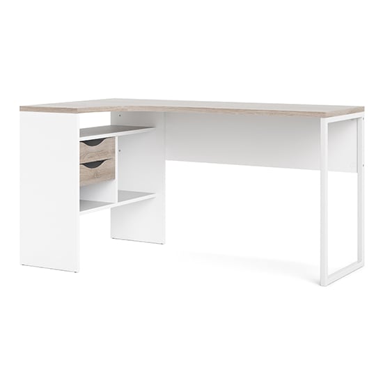 Frosk Corner Computer Desk 2 Drawers In White And Truffle Oak_4