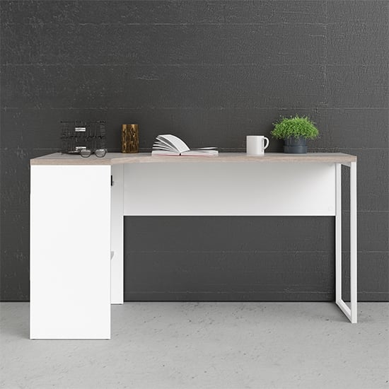 Product photograph of Frosk Corner Computer Desk 2 Drawers In White And Truffle Oak from Furniture in Fashion