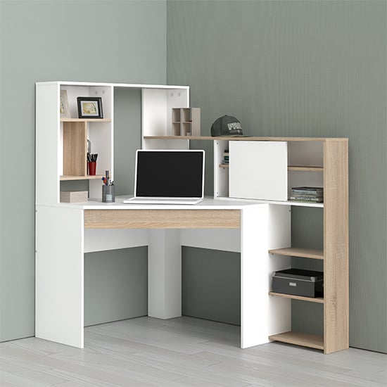 Read more about Frosk corner multi-functional computer desk in white and oak