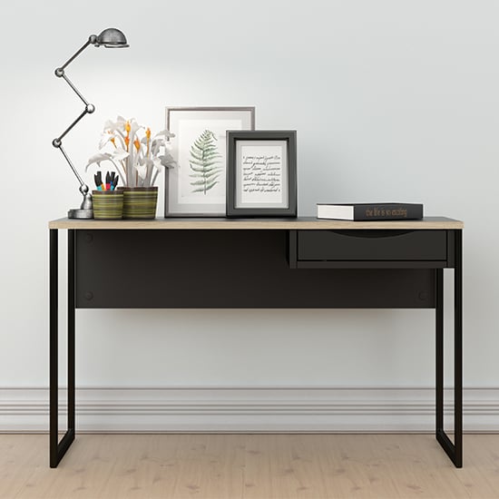 Photo of Frosk wide wooden computer desk in black with oak trim