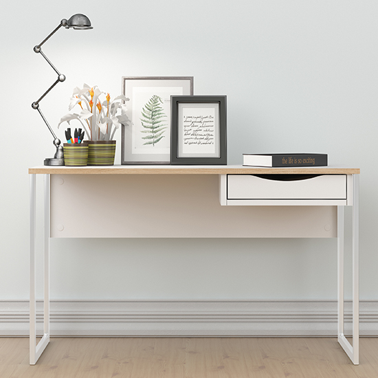 Photo of Frosk wide wooden computer desk in white with oak trim