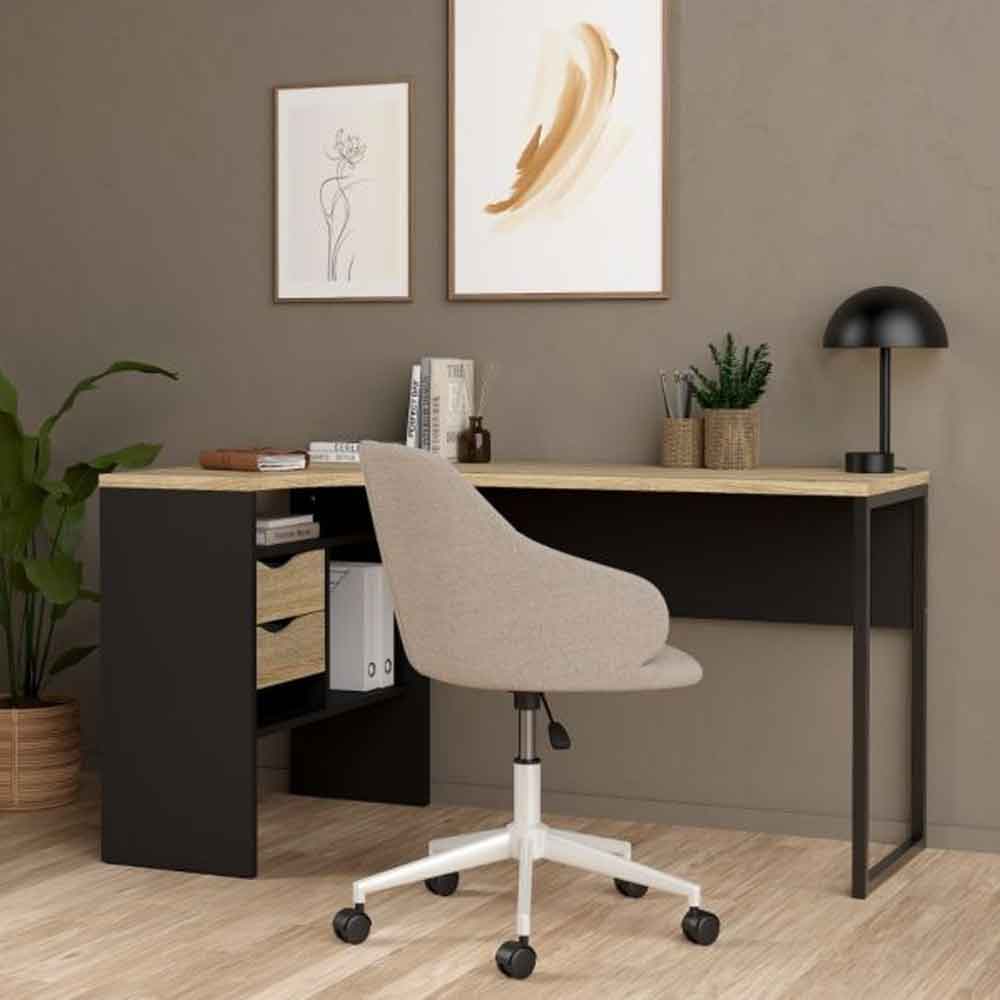 Frosk Wooden Corner Laptop Desk with 2 Drawers in Matt Black And Oak