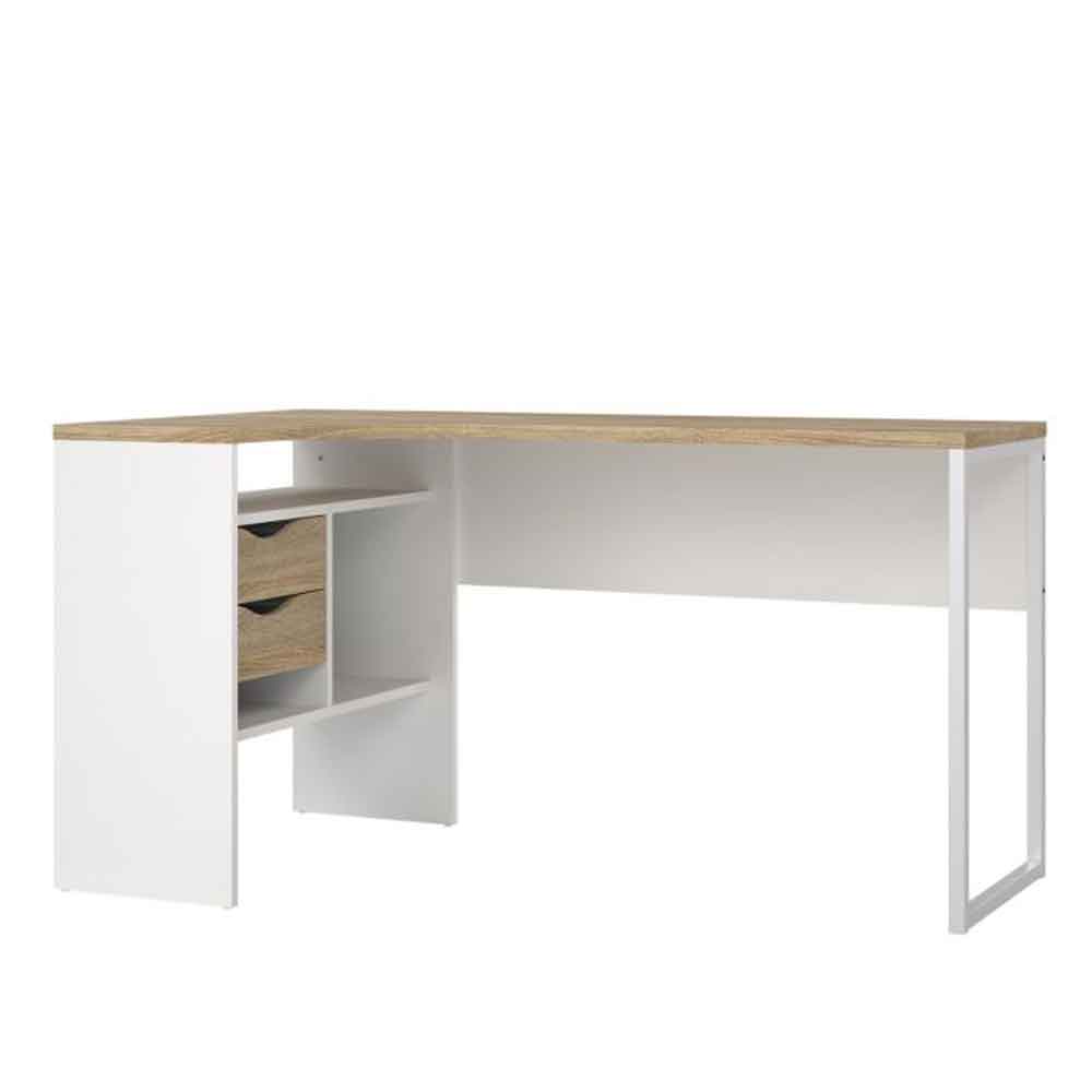 Frosk Wooden Corner Laptop Desk with 2 Drawers in White And Oak
