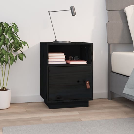 Product photograph of Fruma Pine Wood Bedside Cabinet With 1 Door In Black from Furniture in Fashion