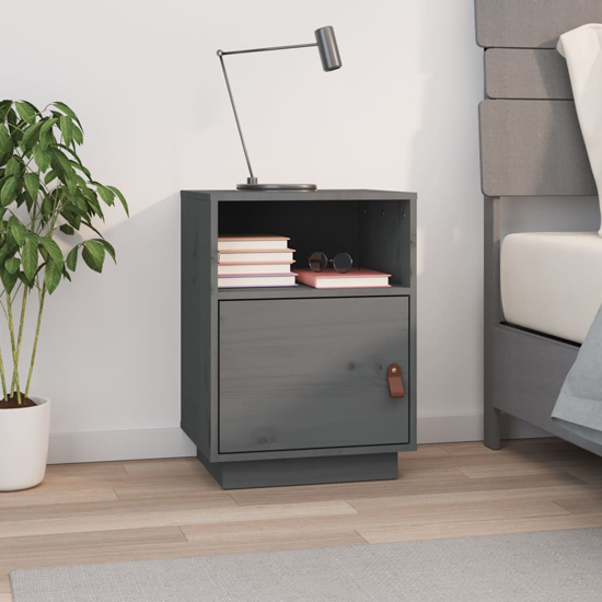 Photo of Fruma pine wood bedside cabinet with 1 door in grey