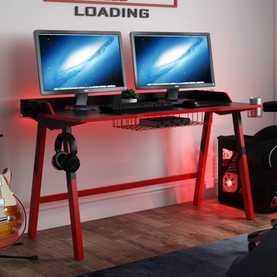 Farningham Wooden Gaming Desk With Red Steel Frame In Black